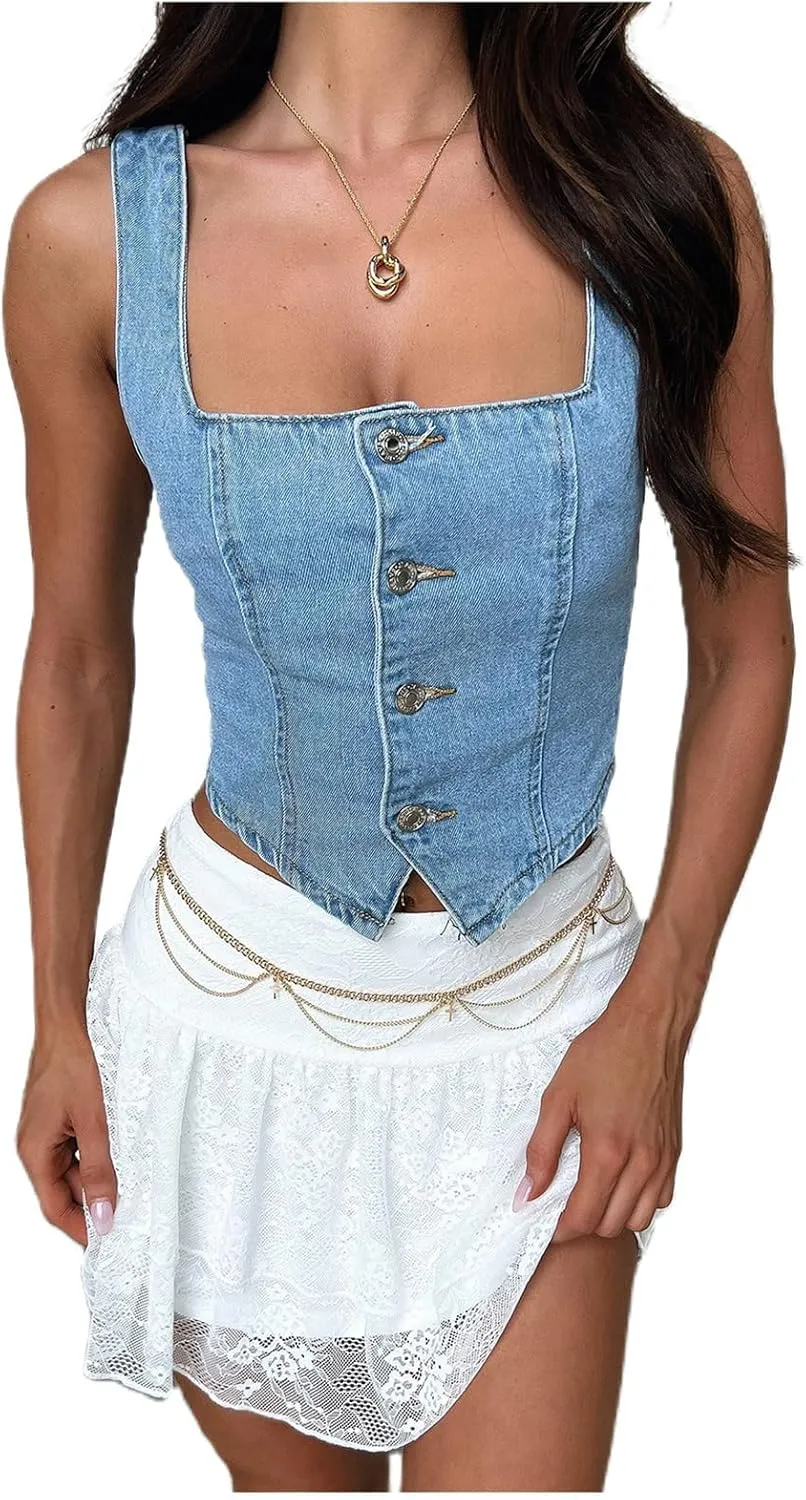 Women Y2K Button Down Denim Vest Summer Sleeveless Crop Top Jean Waistcoat Vest Corset Bustier Streetwear