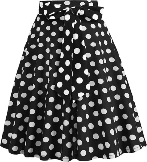 Women's 1950s Pleated Vintage Skirt Polka Dot A-line Midi Skirts Flared High Waisted Short Skirts with Belted