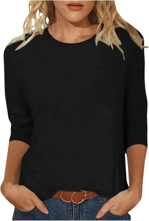 Womens 3/4 Sleeve T-Shirt Plain Pullover Tops Cozy Crewneck Casual Top Three Quarter Length Sleeve T Shirt Soft Basic Blouse