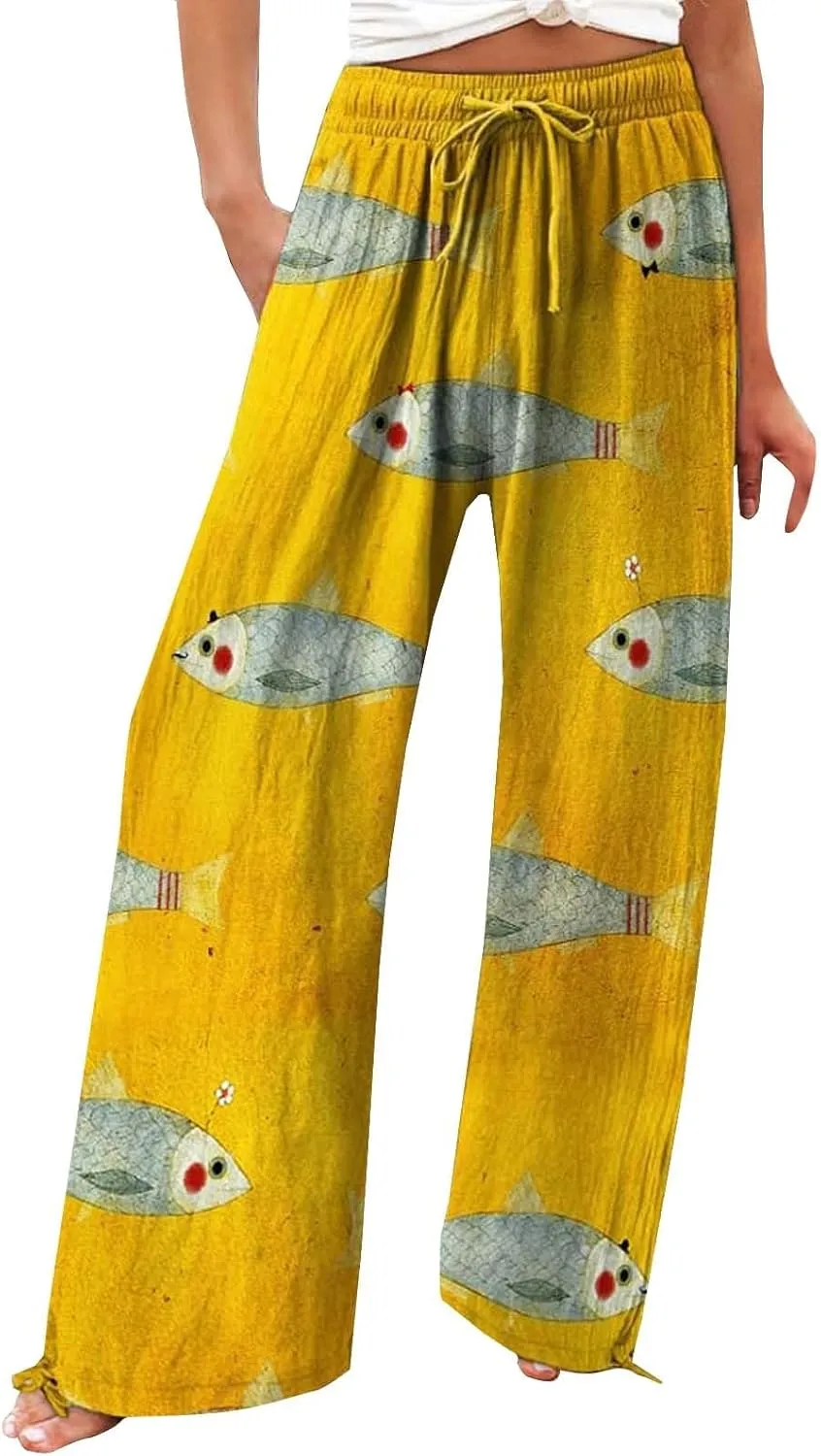 Womens Baggy Straight Wide Legs Pants Japanese Art Print Loose Fit Flowy Trousers with Elastic Waist for Summer Beach