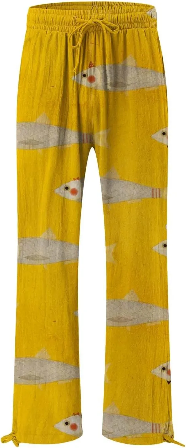 Womens Baggy Straight Wide Legs Pants Japanese Art Print Loose Fit Flowy Trousers with Elastic Waist for Summer Beach
