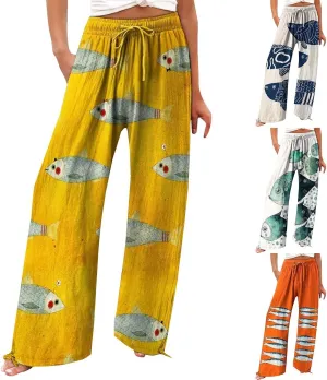 Womens Baggy Straight Wide Legs Pants Japanese Art Print Loose Fit Flowy Trousers with Elastic Waist for Summer Beach