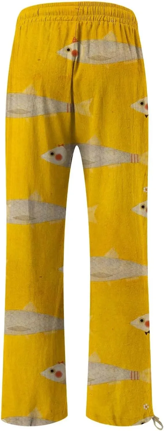 Womens Baggy Straight Wide Legs Pants Japanese Art Print Loose Fit Flowy Trousers with Elastic Waist for Summer Beach