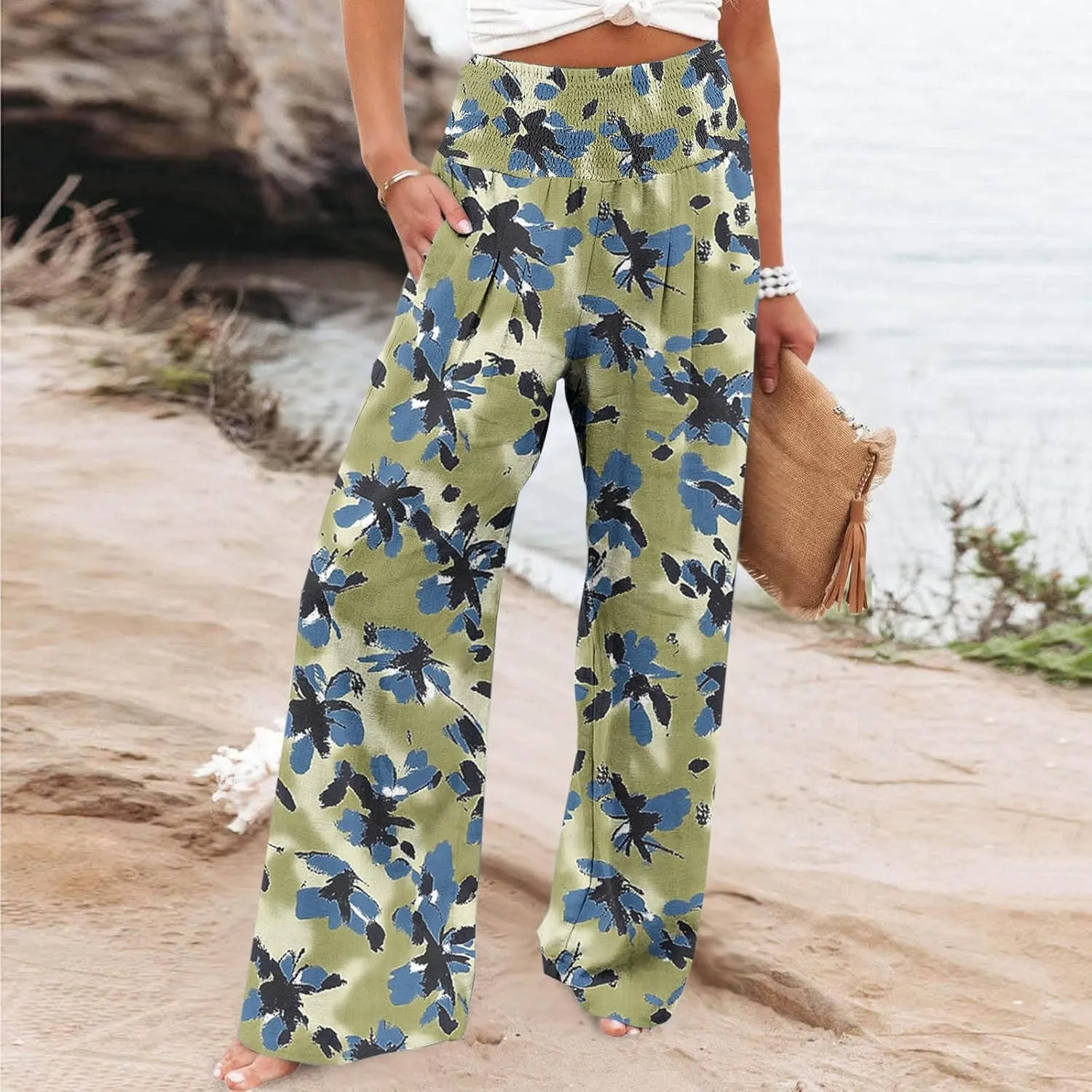 Womens Bohemian Wide Leg Pants Smocked High Waist Flowy Beach Trousers 2025 Summer Casual Boho Loose Palazzo Pants