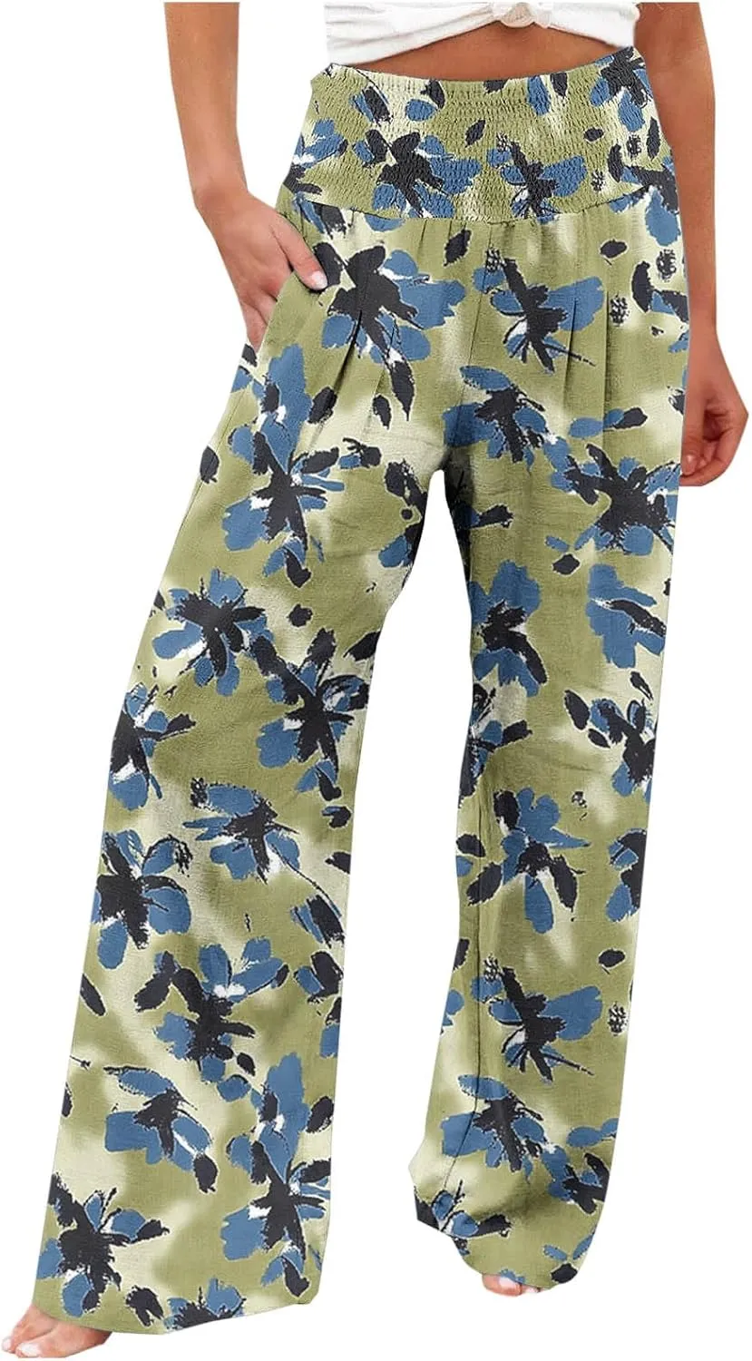 Womens Bohemian Wide Leg Pants Smocked High Waist Flowy Beach Trousers 2025 Summer Casual Boho Loose Palazzo Pants