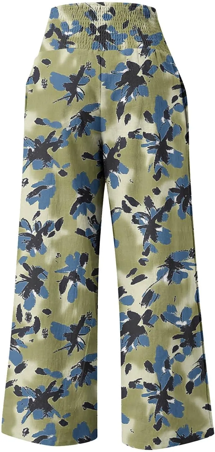 Womens Bohemian Wide Leg Pants Smocked High Waist Flowy Beach Trousers 2025 Summer Casual Boho Loose Palazzo Pants