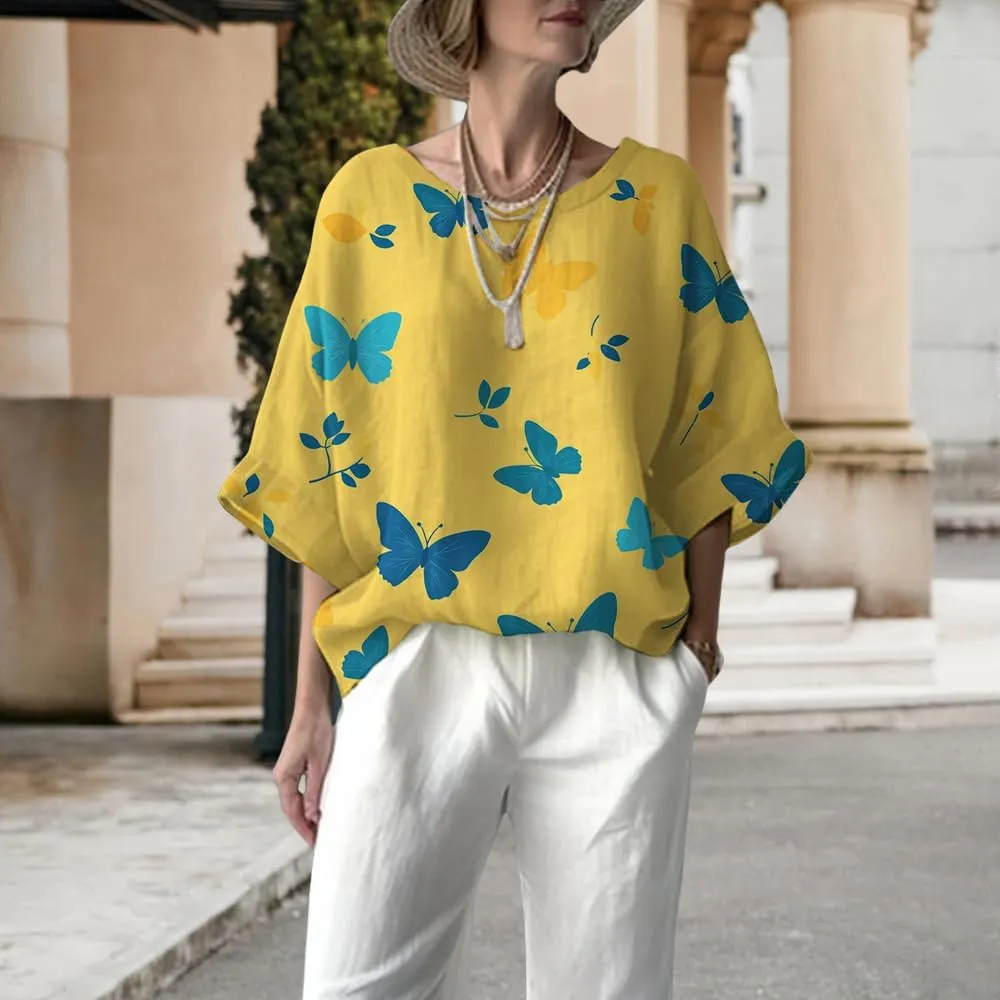 Women's Boho Floral Printed Crewneck Long 3/4 Sleeve Tunic Tops Ladies Summer Casual Daily Cotton Linen Blend Blouse