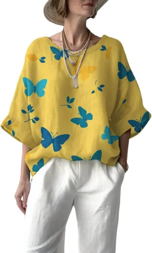 Women's Boho Floral Printed Crewneck Long 3/4 Sleeve Tunic Tops Ladies Summer Casual Daily Cotton Linen Blend Blouse
