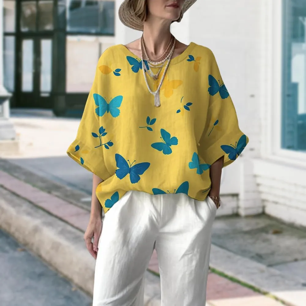 Women's Boho Floral Printed Crewneck Long 3/4 Sleeve Tunic Tops Ladies Summer Casual Daily Cotton Linen Blend Blouse