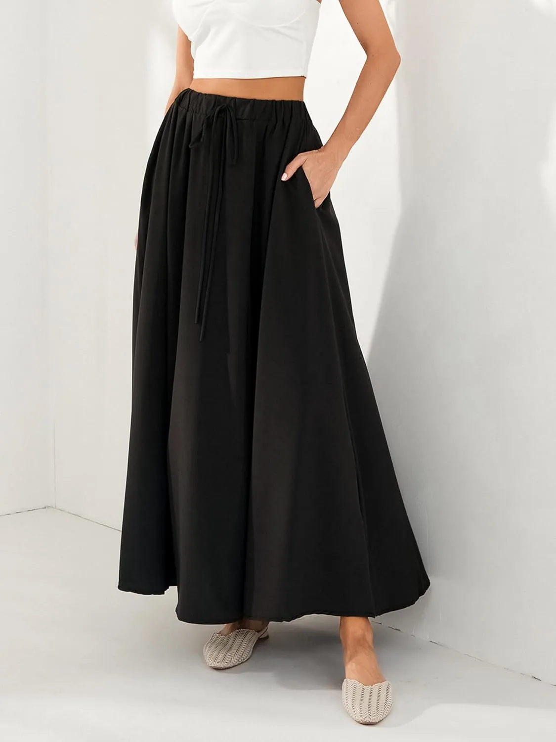 Women's Boho Flowy Maxi Skirt Summer Pleated High Waisted Casual Long Skirts with Pockets