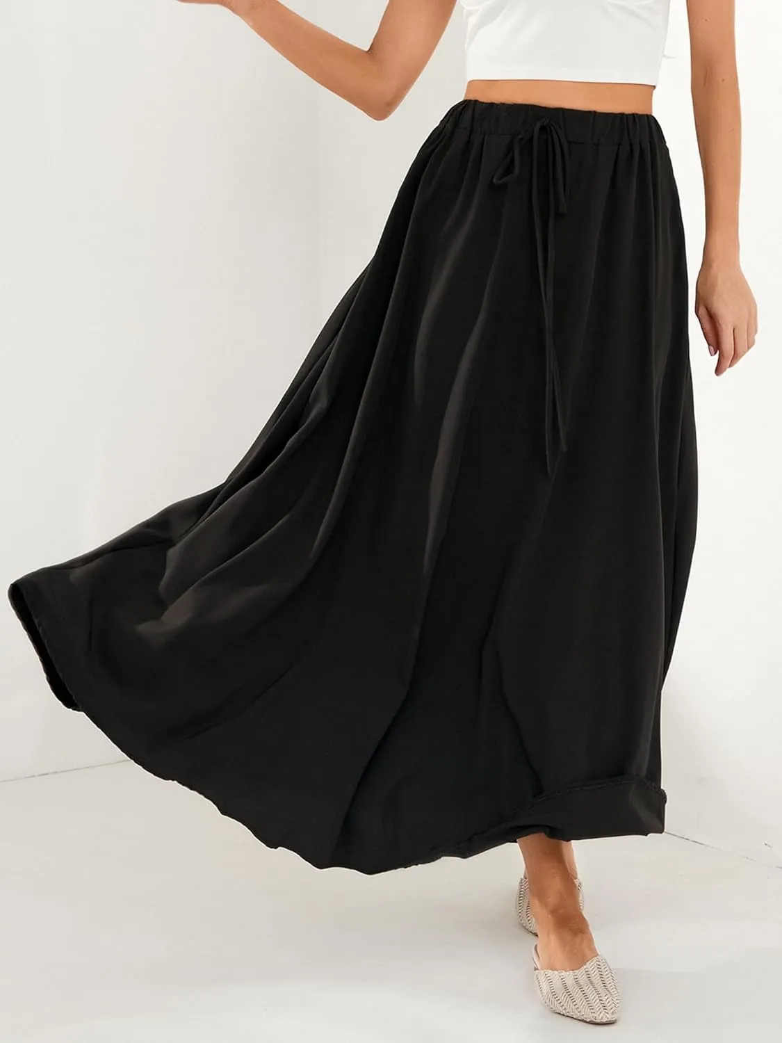 Women's Boho Flowy Maxi Skirt Summer Pleated High Waisted Casual Long Skirts with Pockets