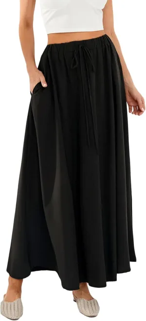 Women's Boho Flowy Maxi Skirt Summer Pleated High Waisted Casual Long Skirts with Pockets