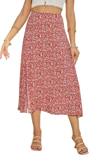 Womens Boho Leopard Print Skirts Pleated A Line Summer High Waisted Flowy Slit Midi Skirts Boho Floral Beach Skirt