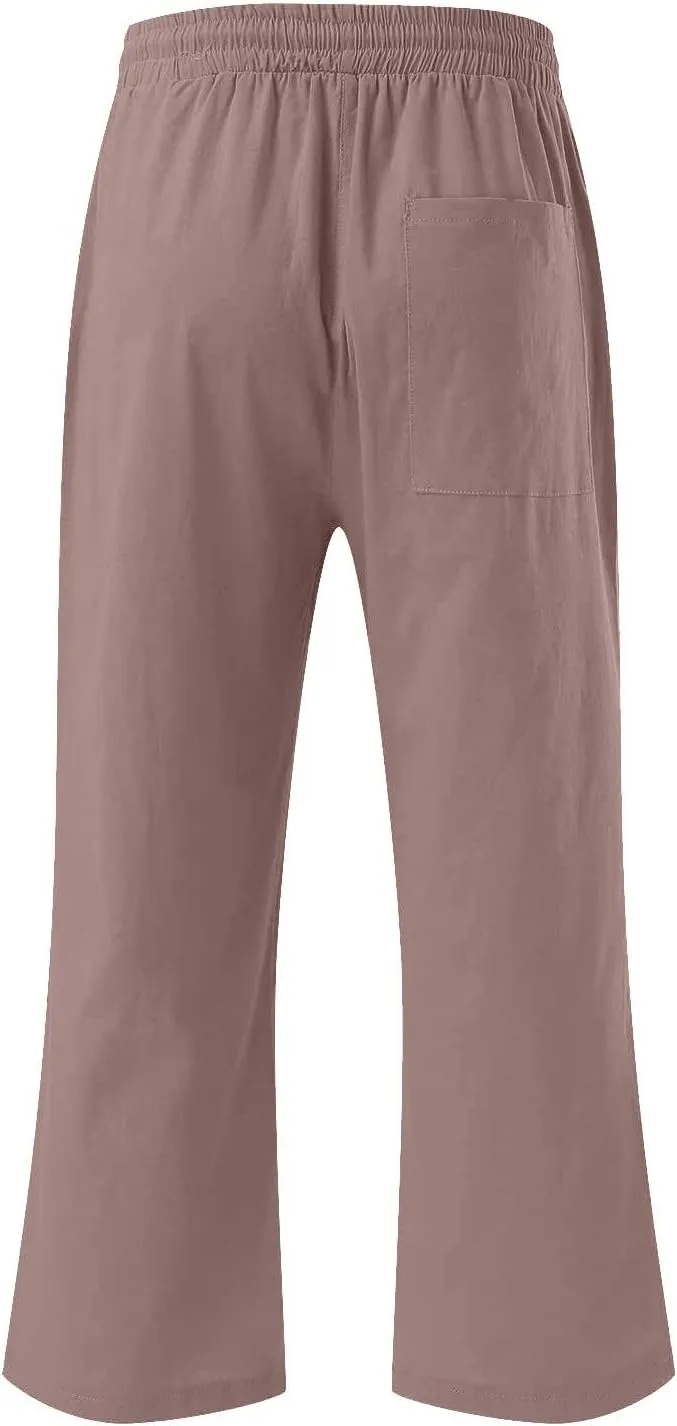 Womens Capri Pants Summer Cotton Linen Casual Pants Elastic Waist Beach Vacation Lounge Cropped Pants with Pockets