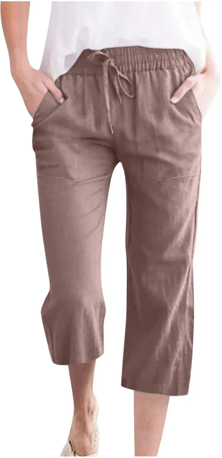 Womens Capri Pants Summer Cotton Linen Casual Pants Elastic Waist Beach Vacation Lounge Cropped Pants with Pockets