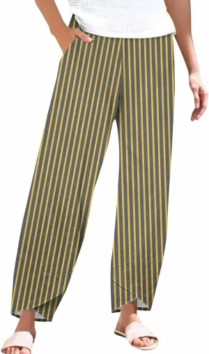 Women's Casual Boho Striped Graphic Cotton Linen High Waisted Cropped Pants Summer Beach Vacation Trendy Trousers