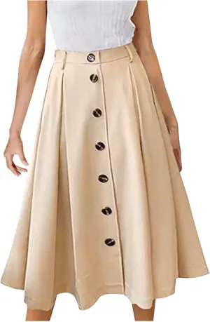 Women's Casual Button Down Midi Skirts Spring Summer High Waist A Line Knee Length Flowy Flared Pleated Skirts S-2XL