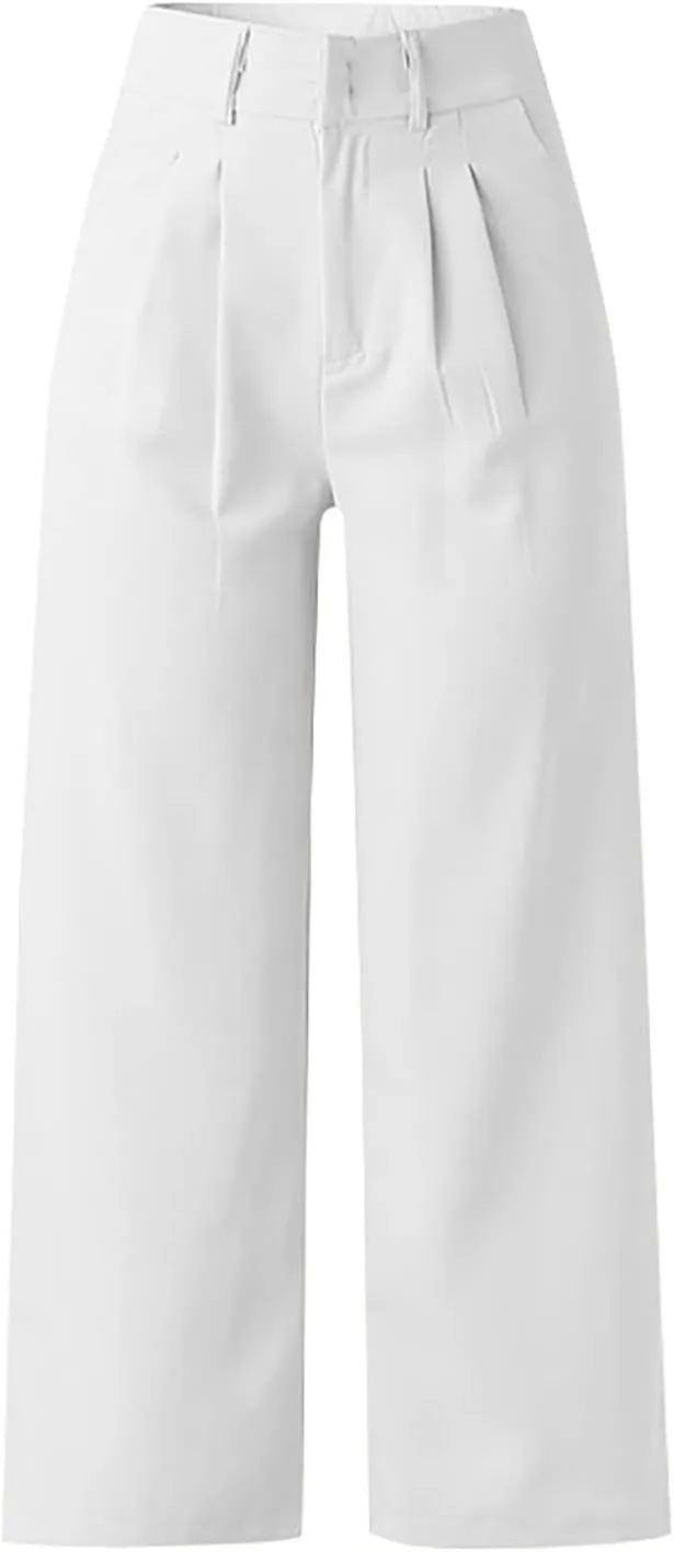 Womens Casual High Waist Straight Wide Leg Dress Pants Plus Size Stretchy Button Business Work Trousers with Pocket