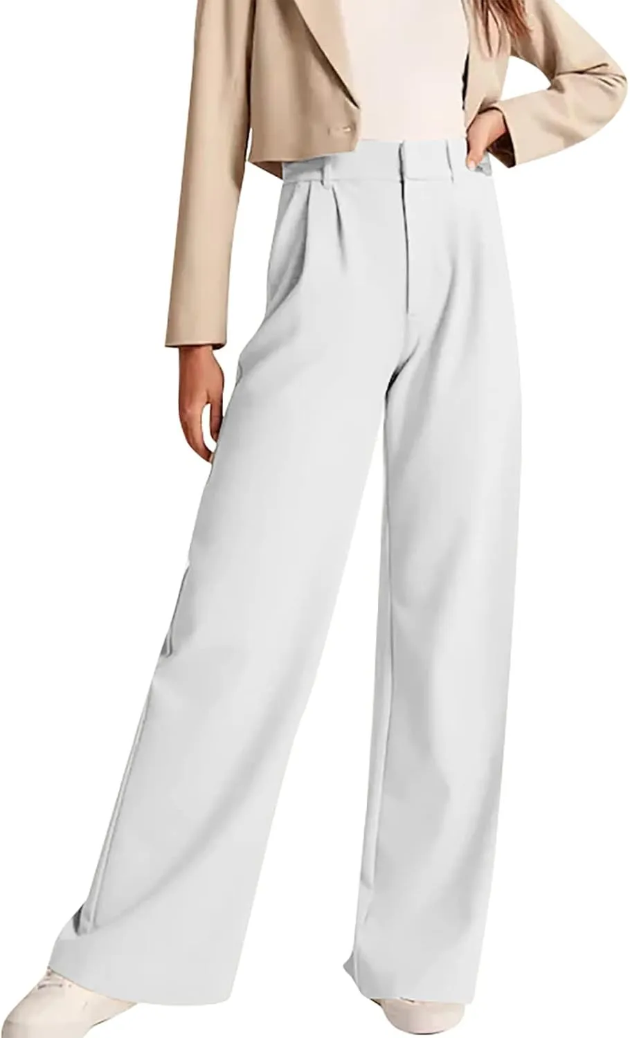 Womens Casual High Waist Straight Wide Leg Dress Pants Plus Size Stretchy Button Business Work Trousers with Pocket