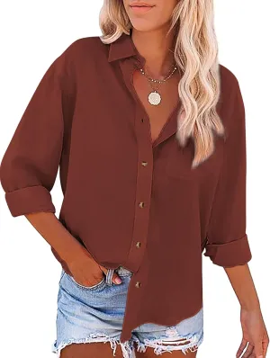 Womens Casual Linen Cotton Button Down Long Sleeve Shirts V-Neck Collared Work Summer Blouse Tops with Pockets