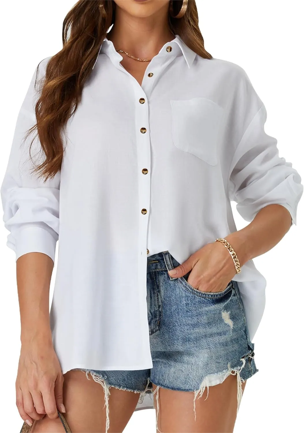Womens Casual Linen Cotton Button Down Long Sleeve Shirts V-Neck Collared Work Summer Blouse Tops with Pockets
