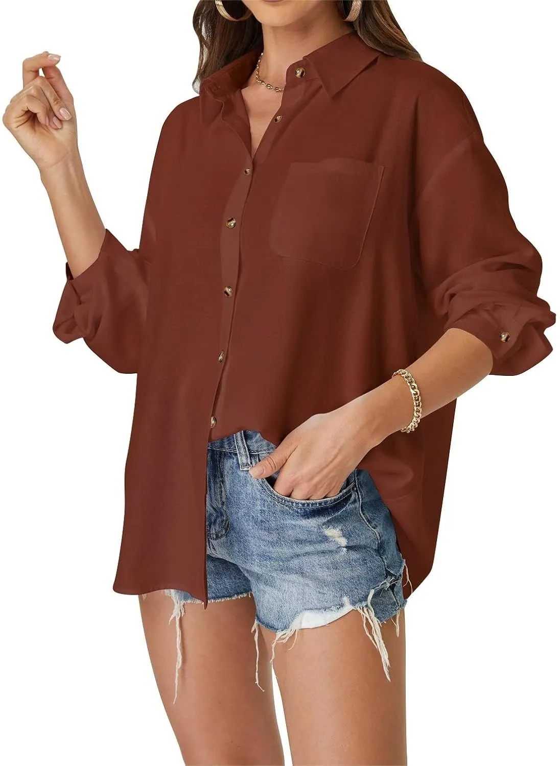 Womens Casual Linen Cotton Button Down Long Sleeve Shirts V-Neck Collared Work Summer Blouse Tops with Pockets
