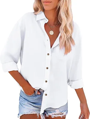 Womens Casual Linen Cotton Button Down Long Sleeve Shirts V-Neck Collared Work Summer Blouse Tops with Pockets