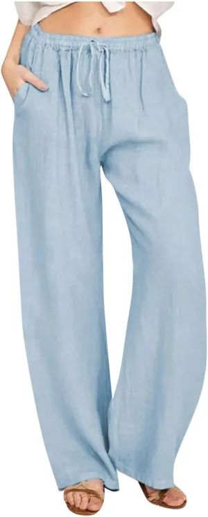 Womens Casual Linen Cotton Pants High Waist Drawstring Loose Fit Solid Color Summer Pants Trousers with Pockets