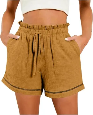 Womens Casual Shorts Cotton High Waist 2024 Solid Color Beach Cruise Shorts Comfy Loose Fit Summer Lounge Pants with Pockets