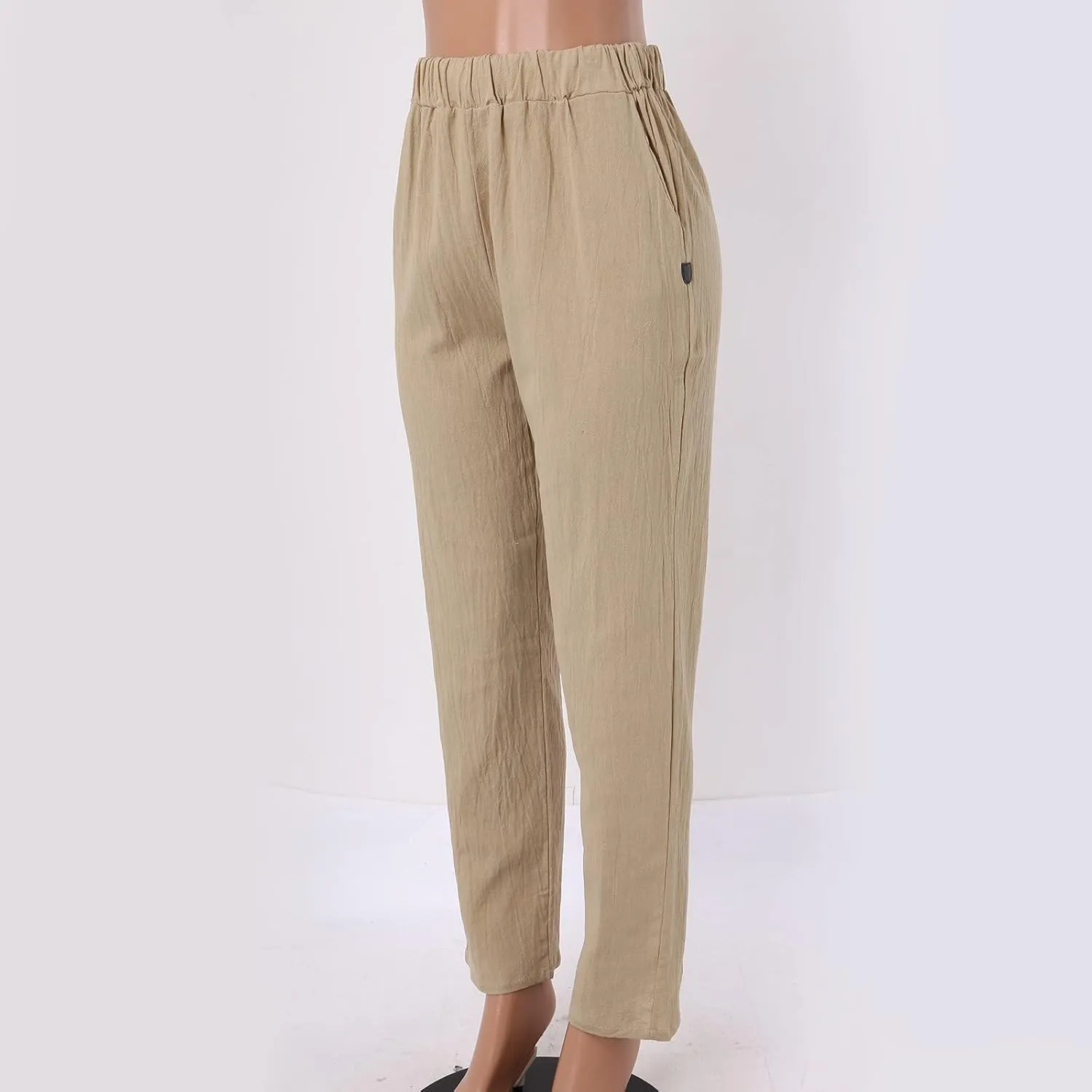 Women's Cotton Linen Pants 2025 Summer Casual Loose Elastic High Waisted Wide Leg Beach Trousers with Pockets