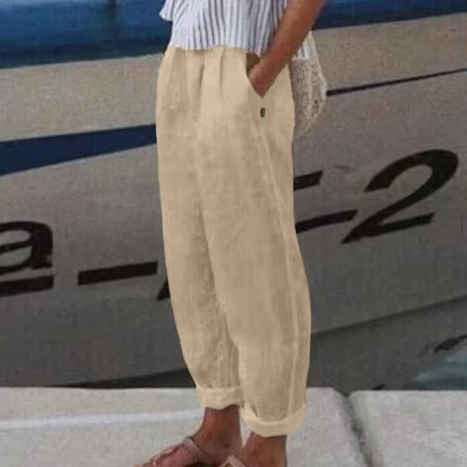 Women's Cotton Linen Pants 2025 Summer Casual Loose Elastic High Waisted Wide Leg Beach Trousers with Pockets