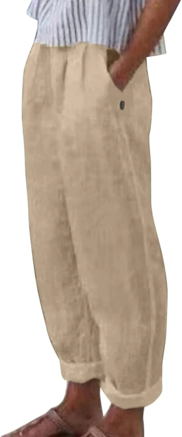 Women's Cotton Linen Pants 2025 Summer Casual Loose Elastic High Waisted Wide Leg Beach Trousers with Pockets