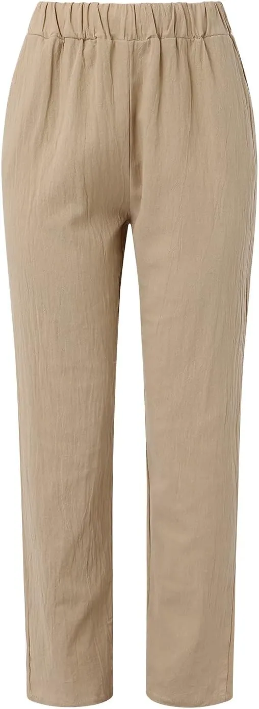 Women's Cotton Linen Pants 2025 Summer Casual Loose Elastic High Waisted Wide Leg Beach Trousers with Pockets