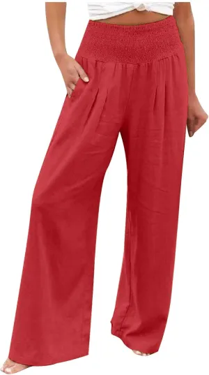 Women's Cotton Linen Pants Elastic High Waisted Pants Casual Wide Leg Trousers Summer Work Smocked Pants with Pockets