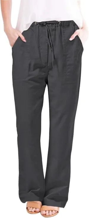 Womens Cotton Linen Pants High Waisted Wide Leg Casual Loose Summer Drawstring Lounge Pants Elastic Waist Lounge Pant