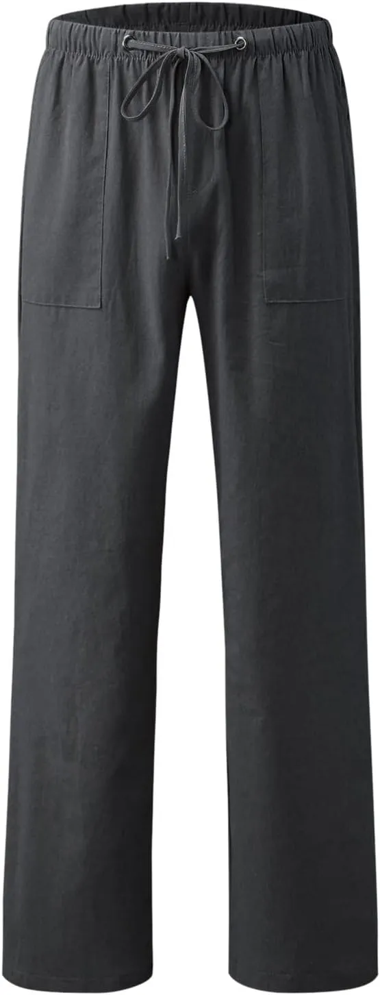 Womens Cotton Linen Pants High Waisted Wide Leg Casual Loose Summer Drawstring Lounge Pants Elastic Waist Lounge Pant