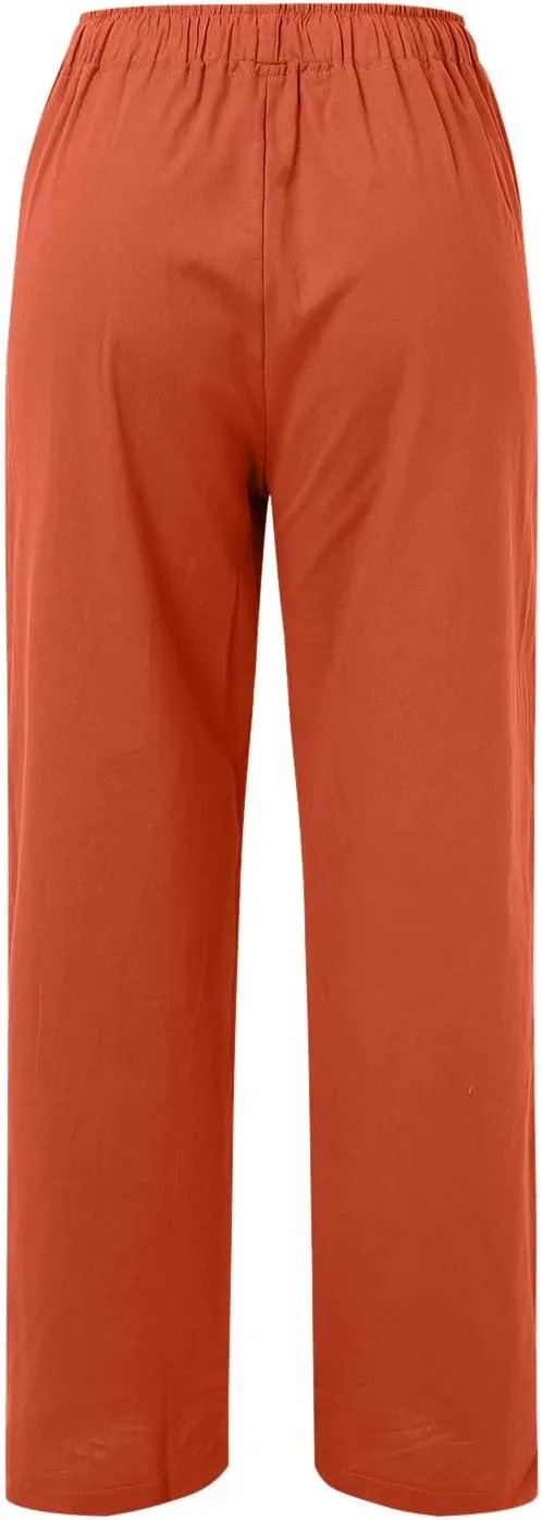 Women's Cotton Linen Pants Lounge Baggy Straight Leg Long Pants Drawstring Waisted Casual Loose Solid Summer Trousers