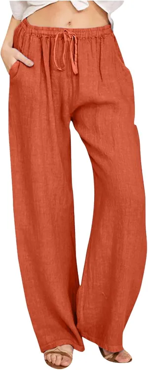 Women's Cotton Linen Pants Lounge Baggy Straight Leg Long Pants Drawstring Waisted Casual Loose Solid Summer Trousers