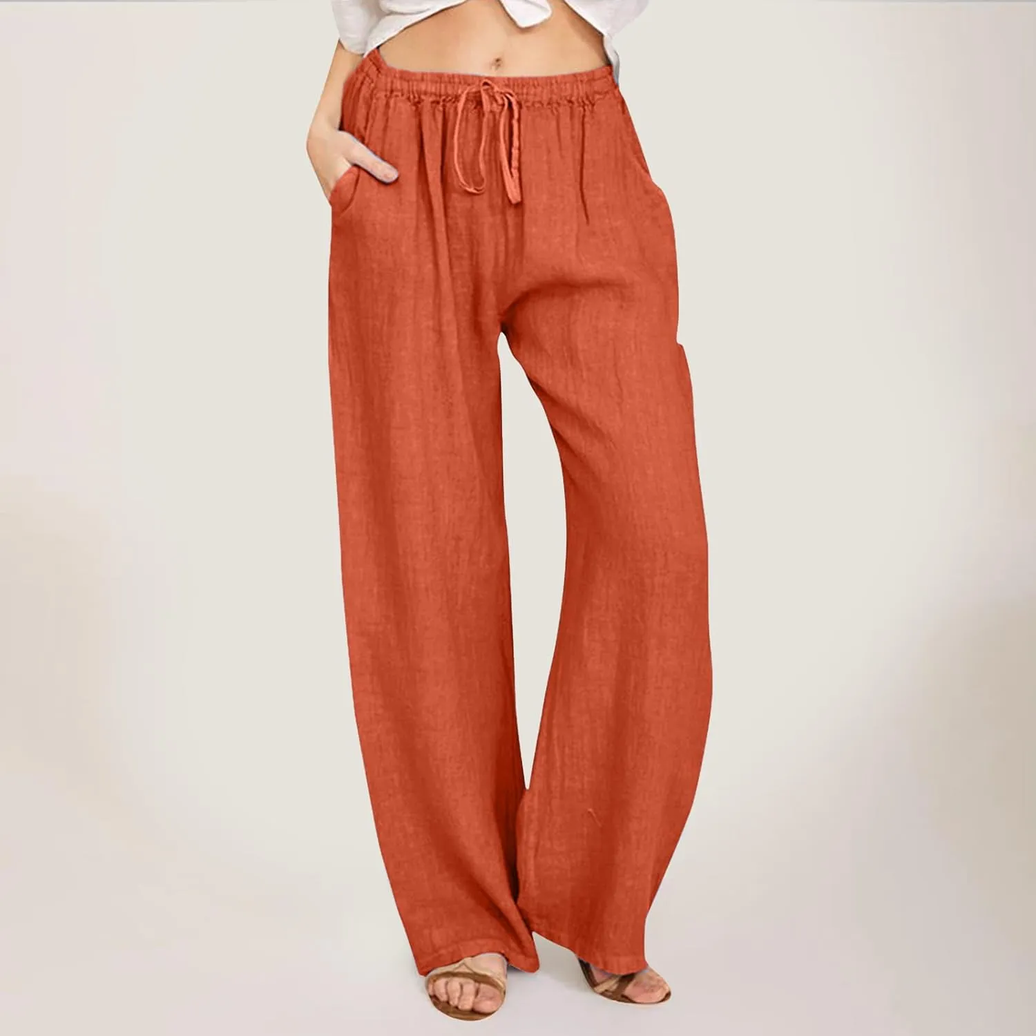 Women's Cotton Linen Pants Lounge Baggy Straight Leg Long Pants Drawstring Waisted Casual Loose Solid Summer Trousers