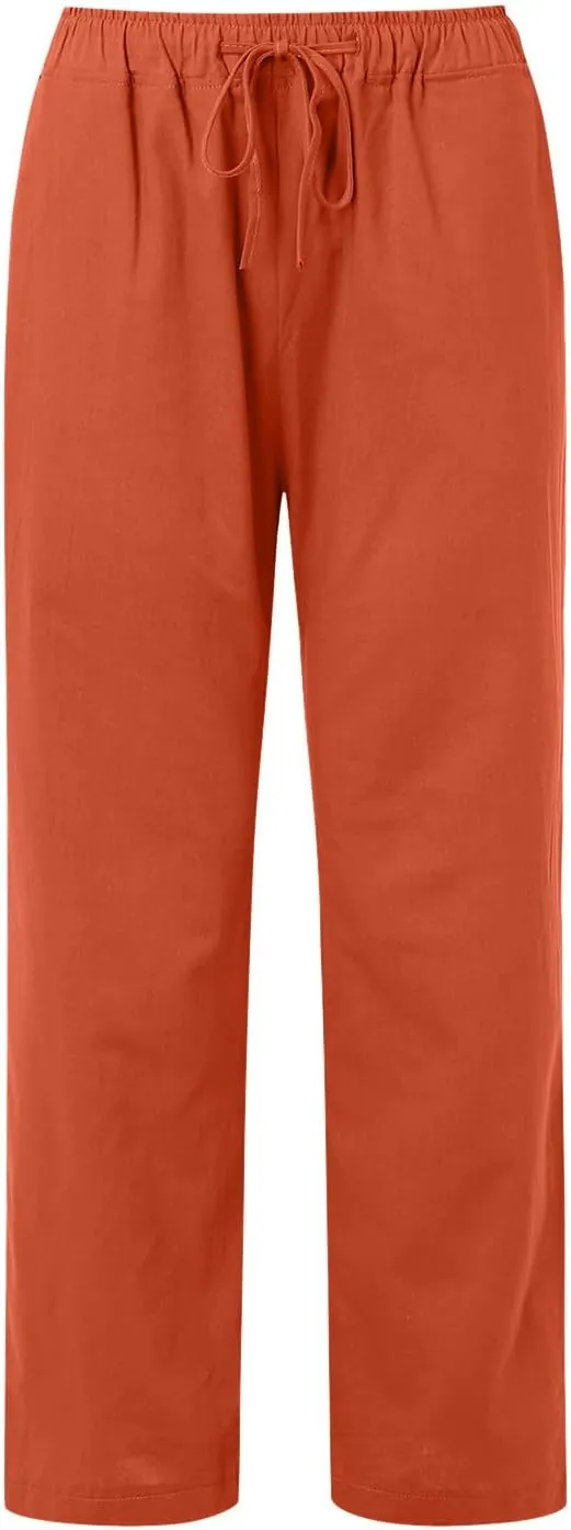 Women's Cotton Linen Pants Lounge Baggy Straight Leg Long Pants Drawstring Waisted Casual Loose Solid Summer Trousers