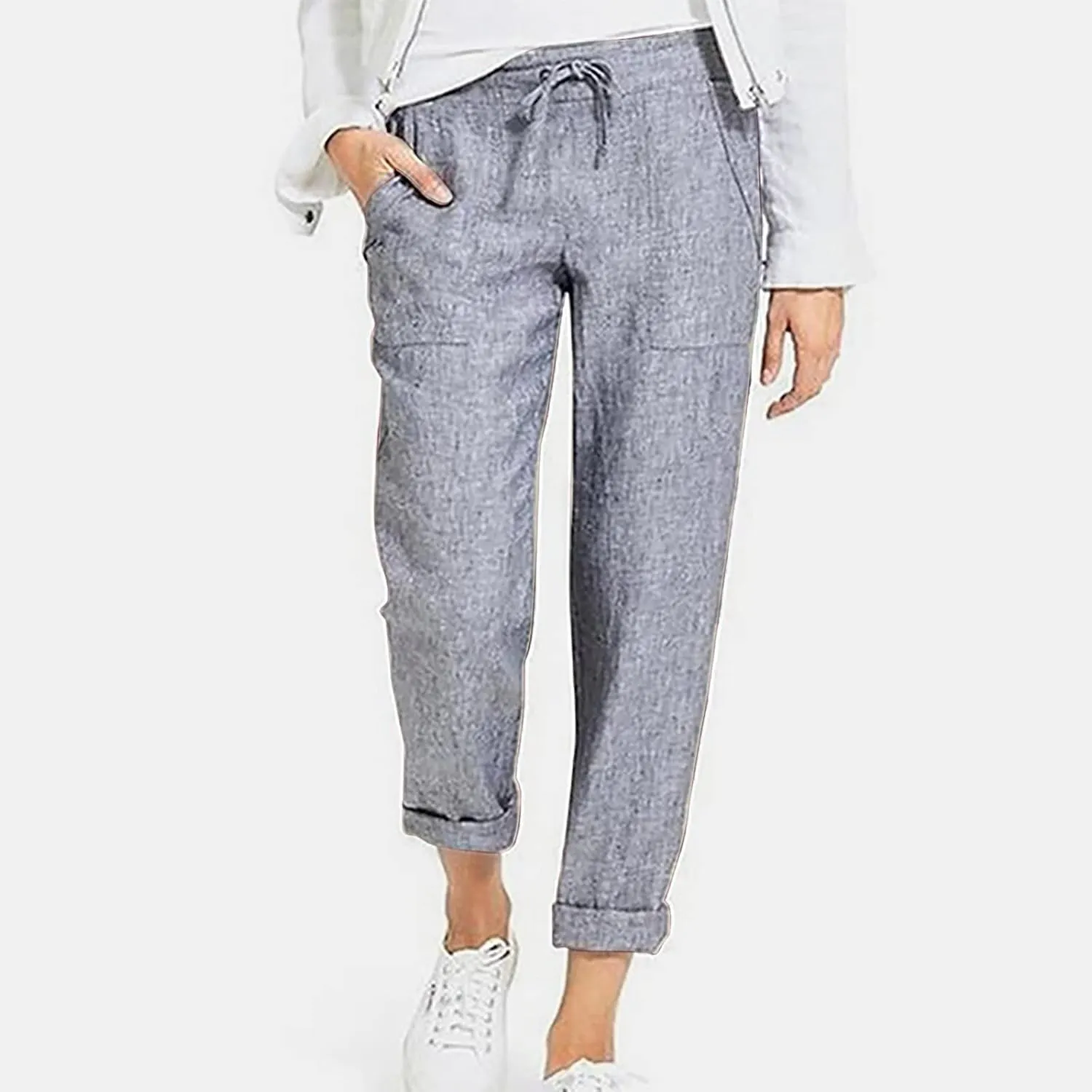 Womens Cotton Linen Pants Plus Size Loose Casual Pocket Straight Leg Pants Summer Comfy Breathable Trousers