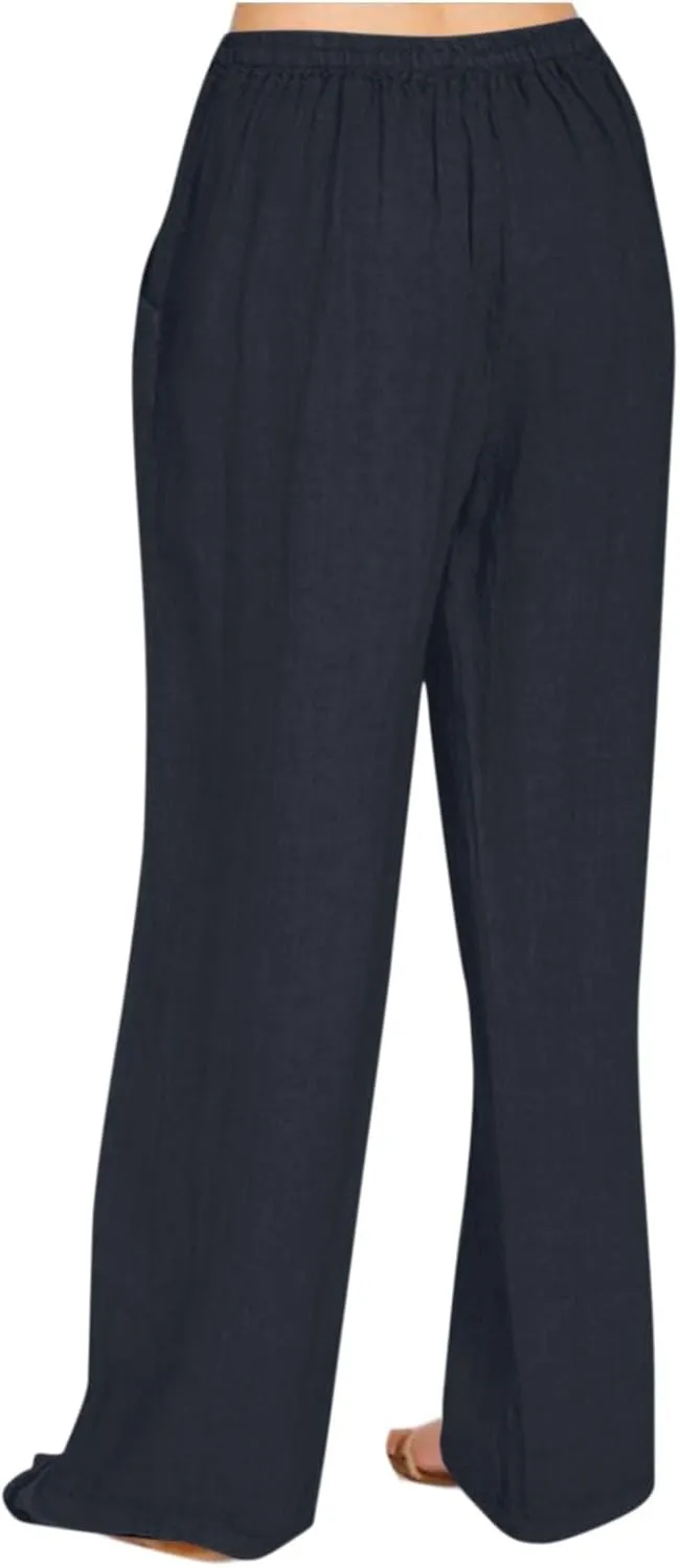 Women's Cotton Linen Pants Summer Casual Wide Leg Pant Loose Drawstring High Waist Palazzo Trousers with Pockets