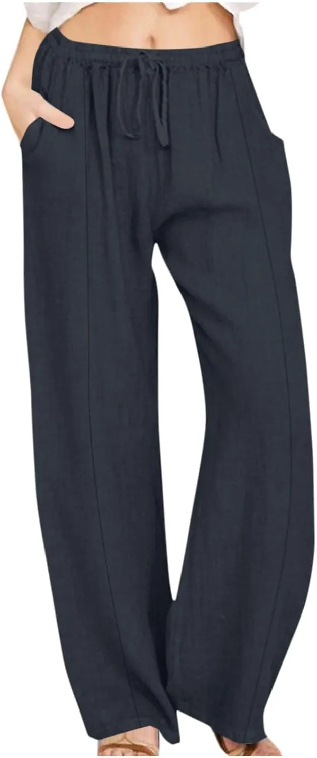 Women's Cotton Linen Pants Summer Casual Wide Leg Pant Loose Drawstring High Waist Palazzo Trousers with Pockets