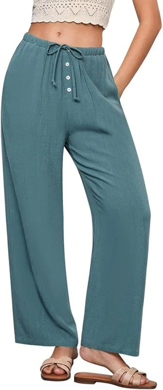 Women's Cotton Linen Pants, Wide Leg Cropped Lounge Trousers with Drawstring Elastic Waist, Summer Beach Casual Pants