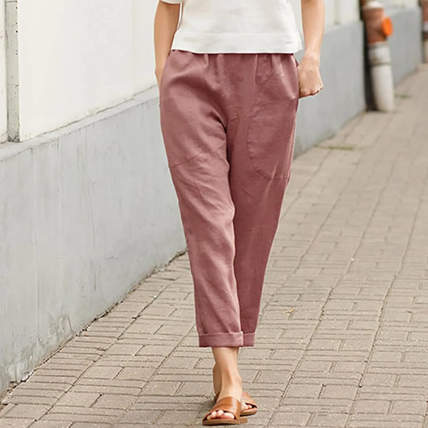 Women's Cotton Linen Summer Drawstring Pants Low Waist Bootcut Slim-Fit Pants Travel