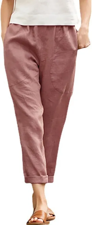 Women's Cotton Linen Summer Drawstring Pants Low Waist Bootcut Slim-Fit Pants Travel
