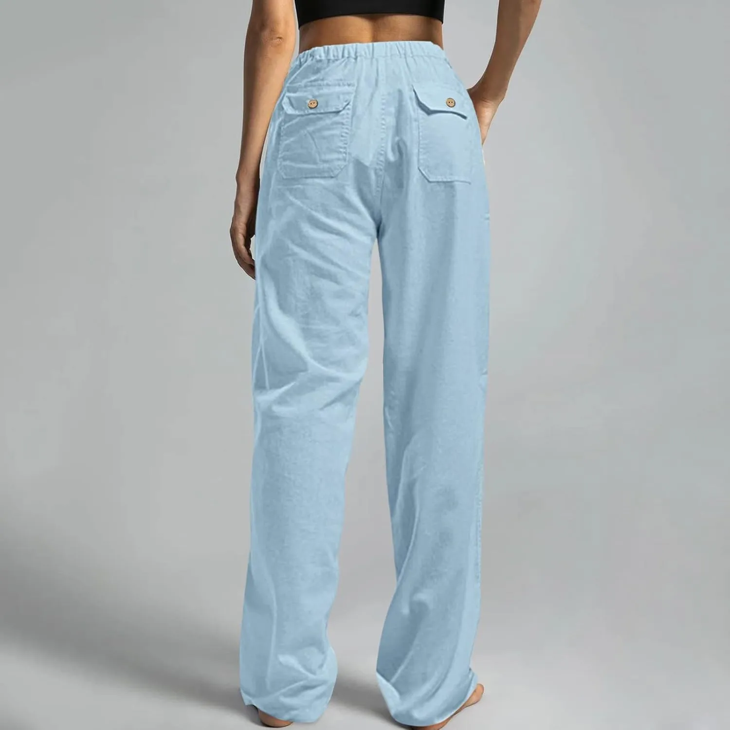 Womens Cotton Linen Summer Letter Patched Palazzo Pants Low Waist Lounge Pants Loose Fit Palazzo Lounge Pants