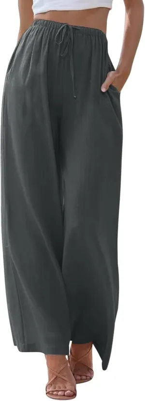 Womens Cotton Linen Summer Palazzo Pants Wide Leg Beach Flowy Trousers Drawstring Elastic Waist Slacks with Pockets