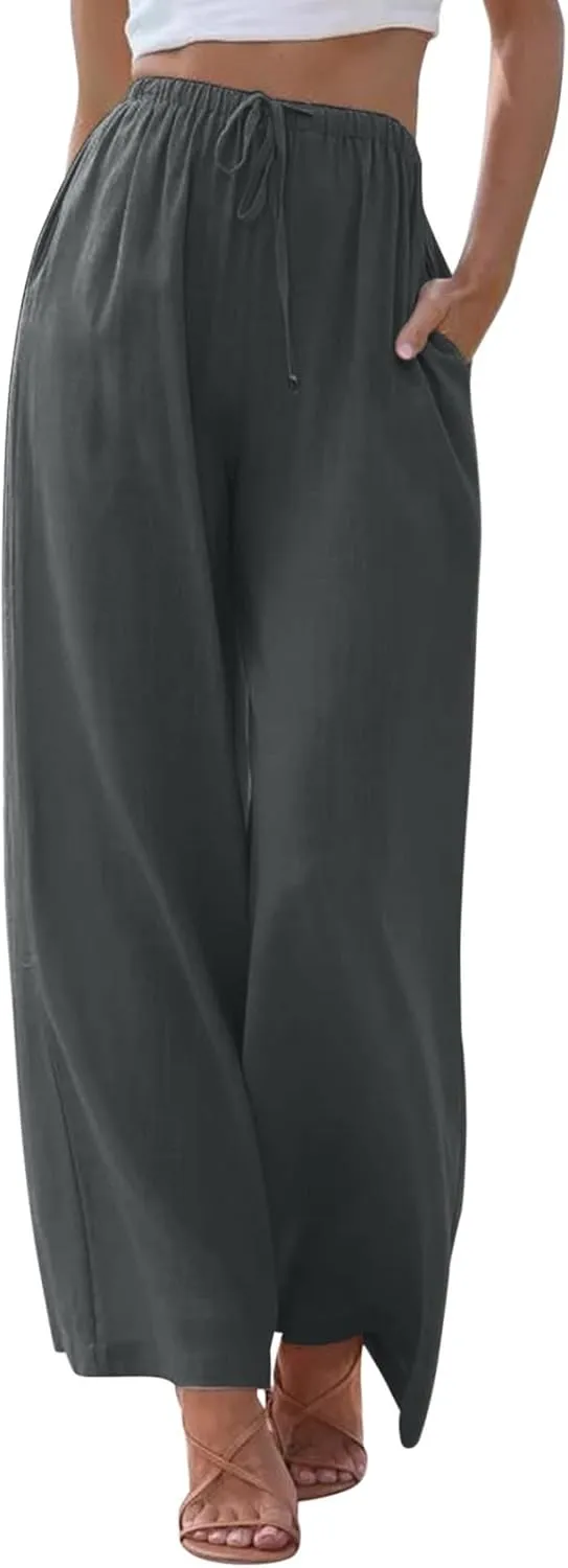 Womens Cotton Linen Summer Palazzo Pants Wide Leg Beach Flowy Trousers Drawstring Elastic Waist Slacks with Pockets