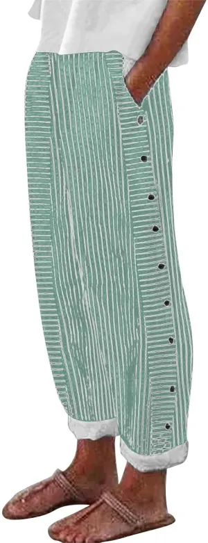 Women's Cropped Linen Pants Striped Side Button Elastic Waist Trendy Pants Straight Leg Baggy Trousers with Pockets